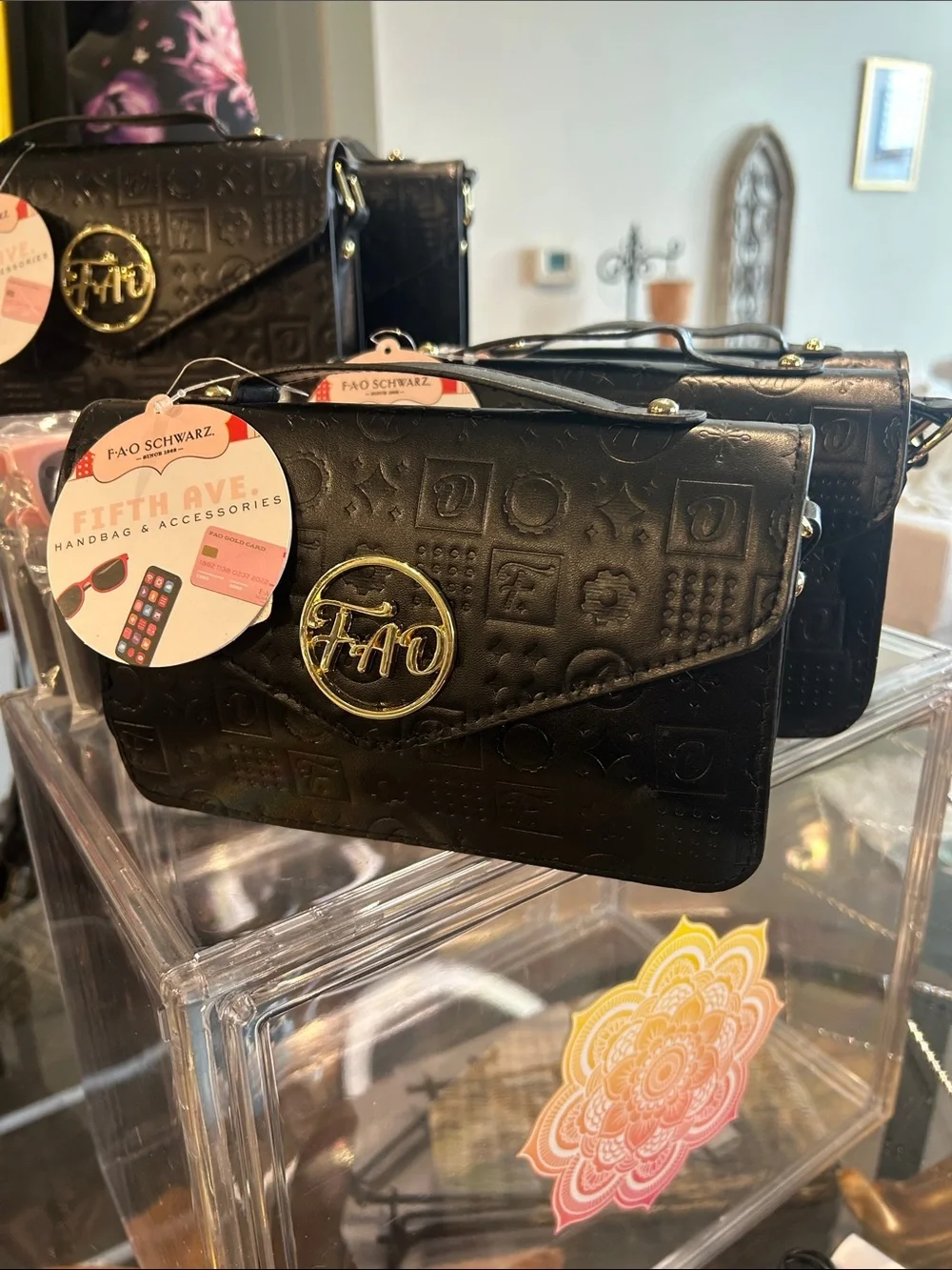 FAO Schwarz Girls Black Embossed Mini Handbag Set of 5 & Sunglass Set of 2 NWT